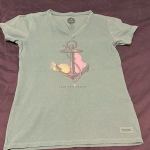Life is Good, V neck t-shirt, size small, teal